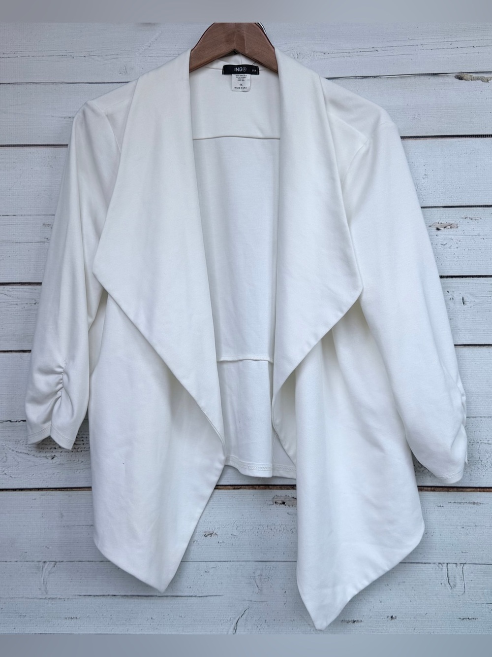 ING Ruched 3/4 Sleeve Open Front Drape Blazer Cardigan Jacket - Plus Size 1X